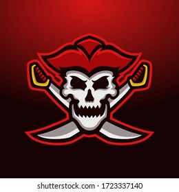 Skull pirate wearing red pirate hat with two sword ornaments
