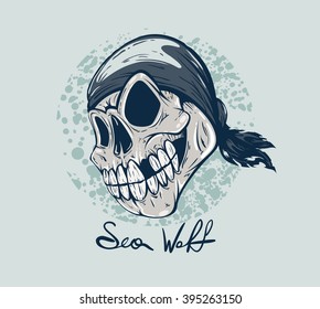 Skull pirate with the words sea wolf. Vector illustration on blue background