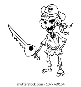 Skull Pirates Captain using shark saw bones as a Sword and ready to attack coloring book cartoon vector