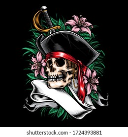 skull pirates with floral ornament vector