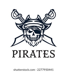 Logo de los piratas de cráneo con diseño monocromo de estilo retro.