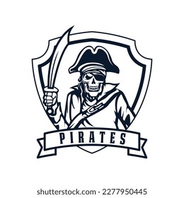 Skull pirates logo with retro style monochrome design.
