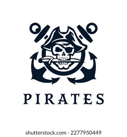 Skull Pirates Logo mit Retro-Stil monochrome Design.
