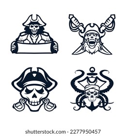 Logo de los piratas de cráneo con diseño monocromo de estilo retro.