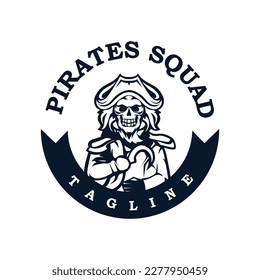 Logo de los piratas de cráneo con diseño monocromo de estilo retro.