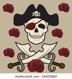 skull pirates on rose background vector