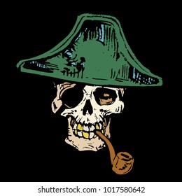 Skull in Pirates tricorn hat with pipe sketch hand drawn vector vintage illustration on black background
