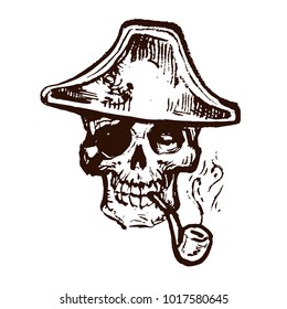 Skull in Pirates tricorn hat with pipe sketch hand drawn line art vector vintage illustration on white background