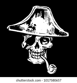 Skull in Pirates tricorn hat with pipe sketch hand drawn vector vintage illustration on black background