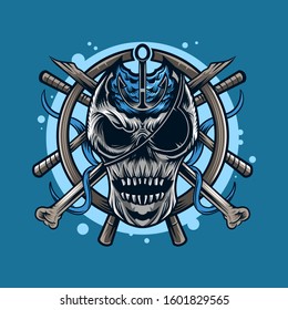 Skull pirates vector illustration on blue background