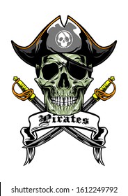 skull pirates wearing hat and cross swords symbol logo. vector object illustration