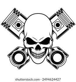 Skull and piston vector design. Black and white biker, badge, rider emblem design	
