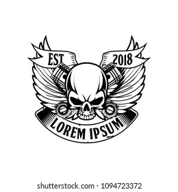 skull with piston and wing Vector ribbon logo template