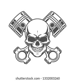 Skull with pistons. Retro logo, emblem, label. Isolated on white background.