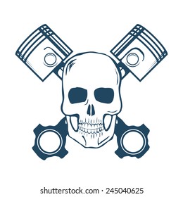 Skull and Pistons. t-shirt graphic. Vector Illustration