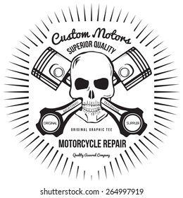 Skull and Pistons. t-shirt graphic. Vector Illustration