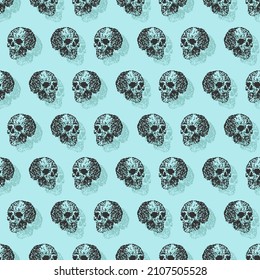 Skull Pixel Art Muster nahtlos. verpixeltes Skelett, Kopfhintergrund. 8-Bit-Vektorschmuck. Alte Grafikstruktur für Videospiele