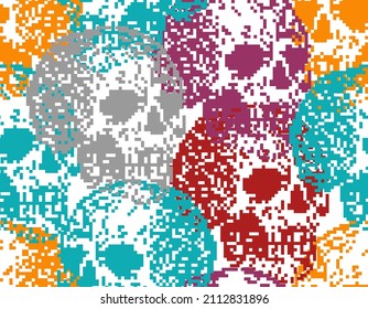 Skull pixel art pattern seamless. pixelated Skeleton head background. 8 bit vector ornament. Old video game graphics texture