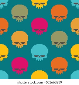 Skull pixel art seamless pattern. head of skeleton pixelated background. Retro 8 bit texture