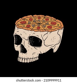 A skull with pizza instead of a brain vector illustration on black background