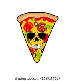 Skull pizza. Skeleton head pizza slice. Concept harmful fast food