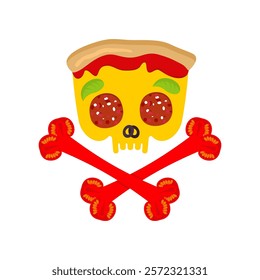 Skull pizza. Skeleton head pizza slice. Concept harmful fast food