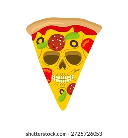 Pizza de calavera. Rebanada de pizza con cabeza de esqueleto. Concepto de comida rápida dañina