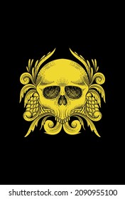 Skull with plant and leaf gold vector illustration