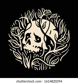 Skull and Plants Flower Graphic Illustration Vector Art T-shirt Design