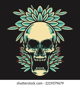 Skull and Plants Retro vector Illustration