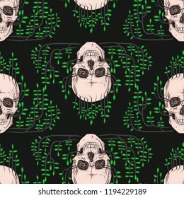 Skull and plants. Seamless pattern