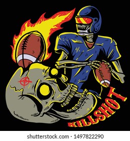 skull playing american football / skull gets hit by ball / killshot fire ball vector illustration