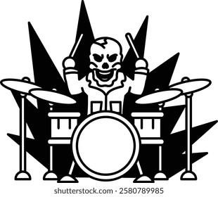 A skull playing drums with a black and white background. The skull is smiling and he is enjoying himself. The drums are positioned in the foreground, with the skull's hands on them