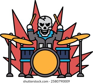 A skull is playing drums in a fiery explosion. The skull is wearing a black jacket and has a menacing look on his face. The drums are positioned in front of the skull