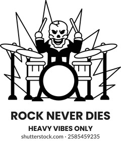 A skull playing drums with the words in the style of sign illustrations