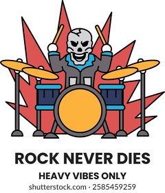 A skull playing drums with the words in the style of sign illustrations