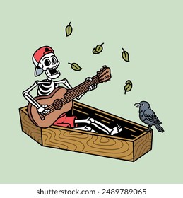 skull playing guitar in coffin illustration