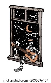 Skull playing guitar in the window at night