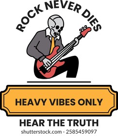 A skull playing a guitar with the words in the style of sign illustrations