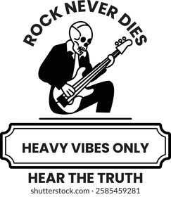 A skull playing a guitar with the words in the style of sign illustrations