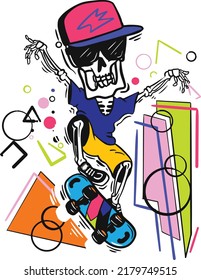 Skull playing skateboard ,hand drawn vector design