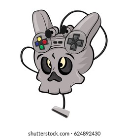 Skull playing video games vector illustration isolated on white background