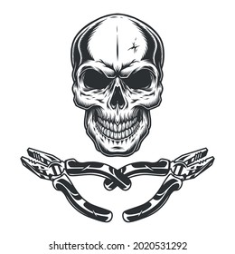 Skull and pliers vintage concept in monochrome style isolated vector illustration