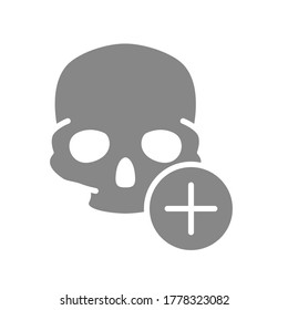 Skull with plus grey icon. Bone structure of the head, cranium symbol
