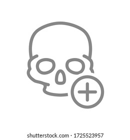 Skull with plus line icon. Bone structure of the head, cranium symbol