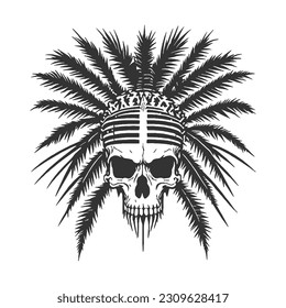 Skull podcasts logo. A skull symbol with palm leaf decoration in the shape of a microphone. Suitable for young people's slang music events