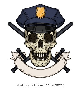 Skull in police cap and crossed police baton and ribbon for your text. Policeman.