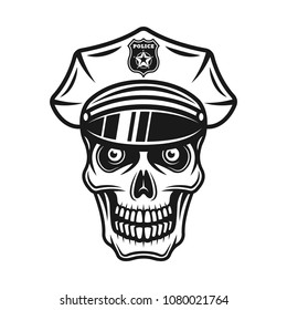 Skull in police cap vector illustration in vintage monochrome style isolated on white background