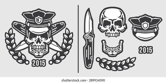 Skull Policeman Head in Cap with Crossed Knives Logo Emblem