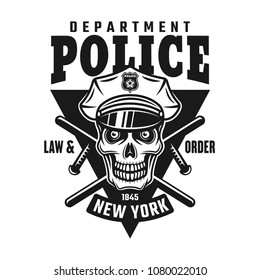 Skull of policeman, two crossed batons and text police department. Vector emblem or shirt print in monochrome style isolated on white background